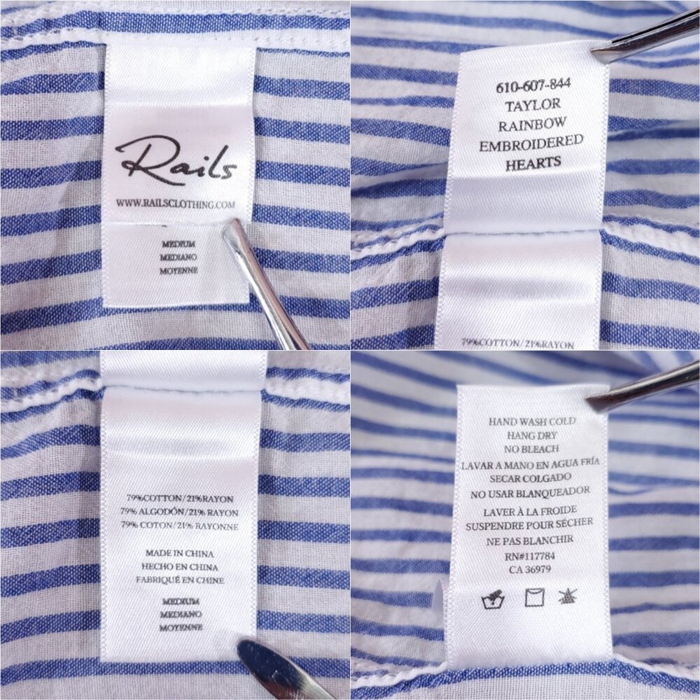 Rails Taylor Blue White Striped Shirt Womens Medium Rainbow Embroidered Hearts - Picture 13 of 15